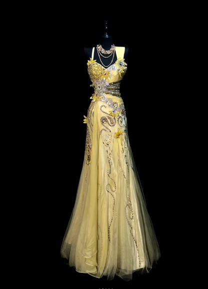 Chic Sheath Long Prom Dresses Beaded Tulle Straps Birthday Dresses  Yellow Evening Dresses   DP04664