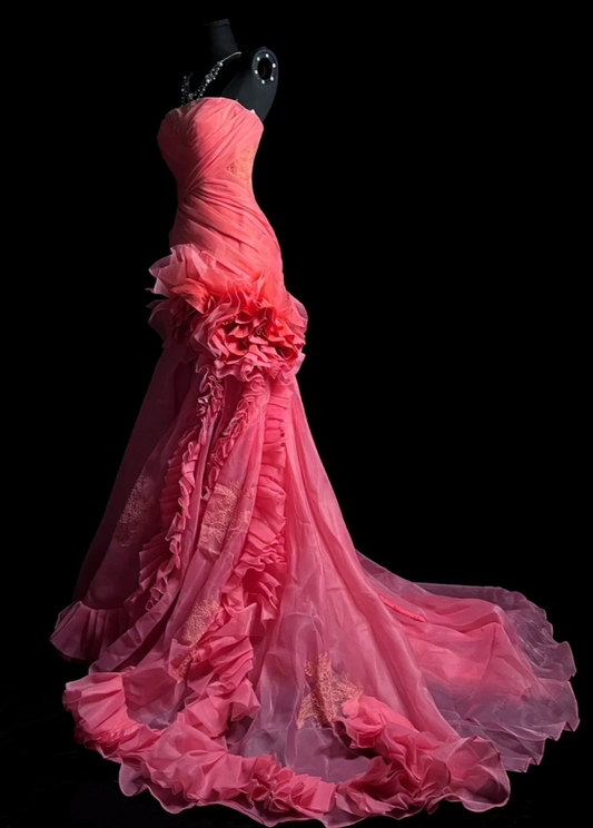 Gorgeous Sheath Long Prom Dresses Tulle  Watermelon Quinceanera Dresses Strapless Birthday Dresses DP04672