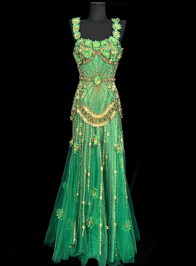 Elegant Green Long Prom Dresses Straps Sheath Evening Dresses Beaded Tulle Sleeveless Birthday Dress DP04730