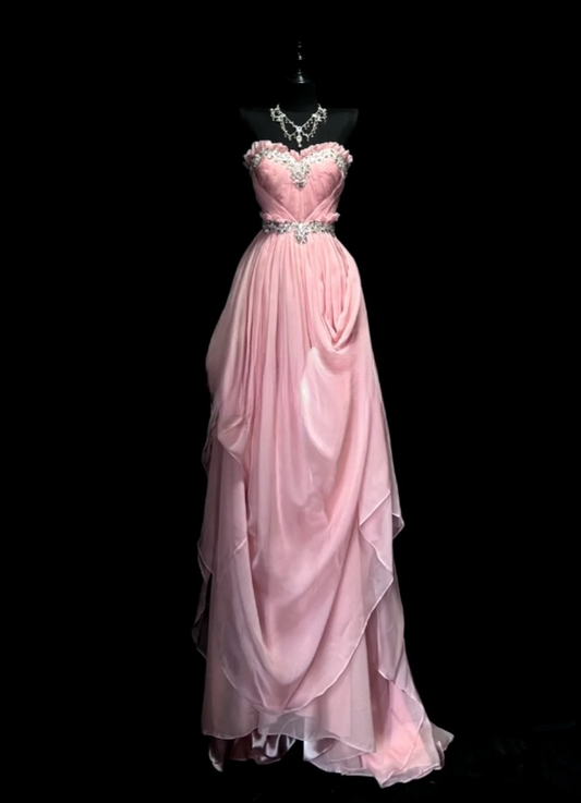 Elegant Pink Long Prom Dresses Strapless Sheath Birthday Dresses Chiffon Sleeveless Evening Gowns DP04734