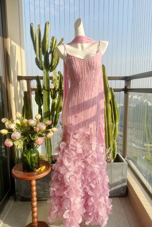 Gorgeous Pink Long Prom Dresses Spaghetti Straps Sheath Birthday Dresses Beaded Chiffon Sleeveless Evening Gowns DP04736