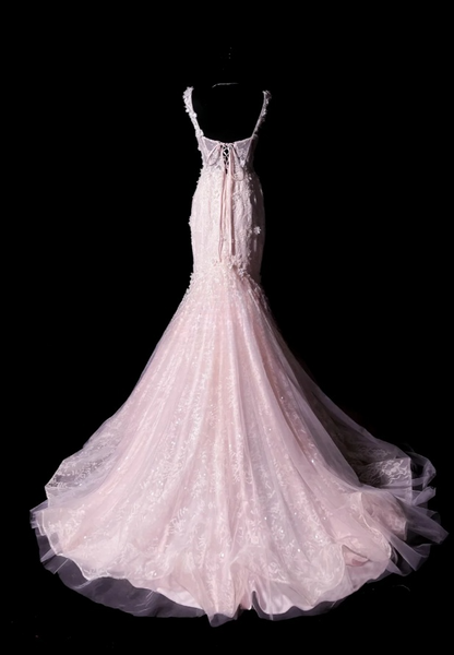 Gorgeous Pink Long Prom Dresses  Straps Mermaid Birthday Dresses Appliques Tulle Sleeveless Evening Gowns DP04737
