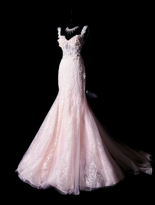 Gorgeous Pink Long Prom Dresses  Straps Mermaid Birthday Dresses Appliques Tulle Sleeveless Evening Gowns DP04737
