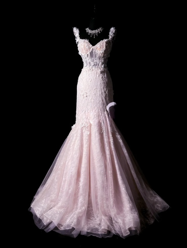 Gorgeous Pink Long Prom Dresses  Straps Mermaid Birthday Dresses Appliques Tulle Sleeveless Evening Gowns DP04737