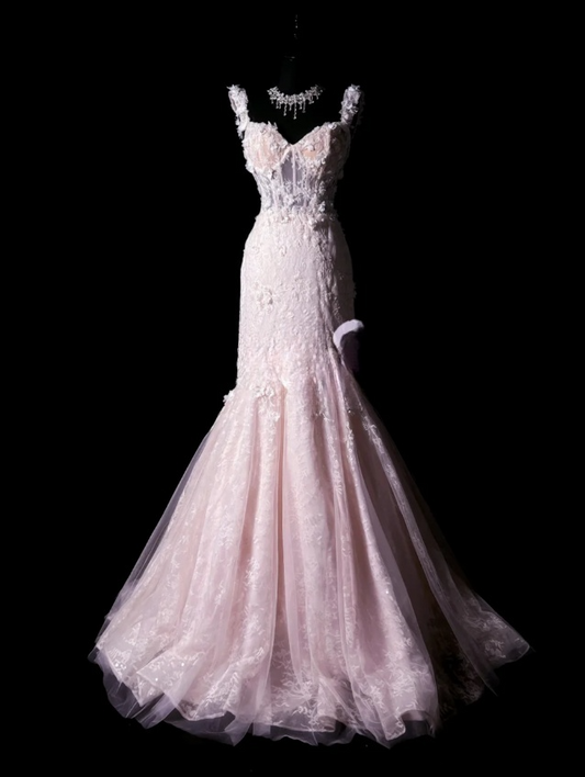 Gorgeous Pink Long Prom Dresses  Straps Mermaid Birthday Dresses Appliques Tulle Sleeveless Evening Gowns DP04737