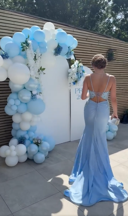 Gorgeous Blue Long Prom Dresses Spaghetti Straps Sheath Birthday Dresses Satin Sleeveless Evening Gowns  DP04745