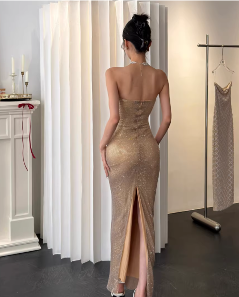Chic Sheath Champagne Long Prom Dresses Rhinstones Tulle Sleeveless Evening Dresses DP04774