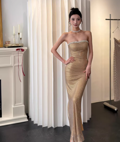 Chic Sheath Champagne Long Prom Dresses Rhinstones Tulle Sleeveless Evening Dresses DP04774