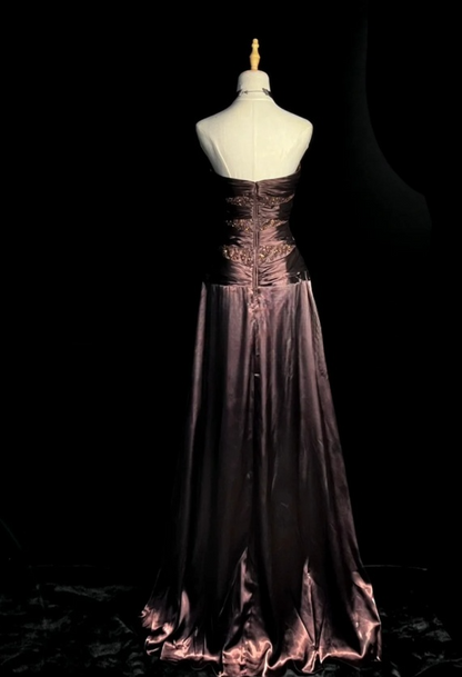 Fashion Sheath Brown Long Prom Dresses Beaded Satin Strapless Sleeveless Evening Gowns DP04787
