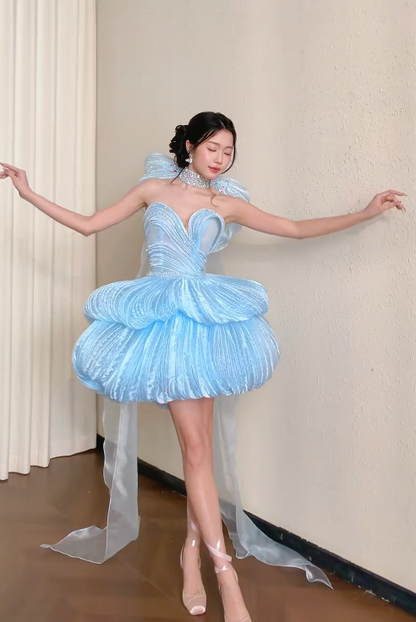 Cute A-line Blue Short Prom Dress Tulle Sweetheart Party Dress Sleeveless Birthday Dress DP04812