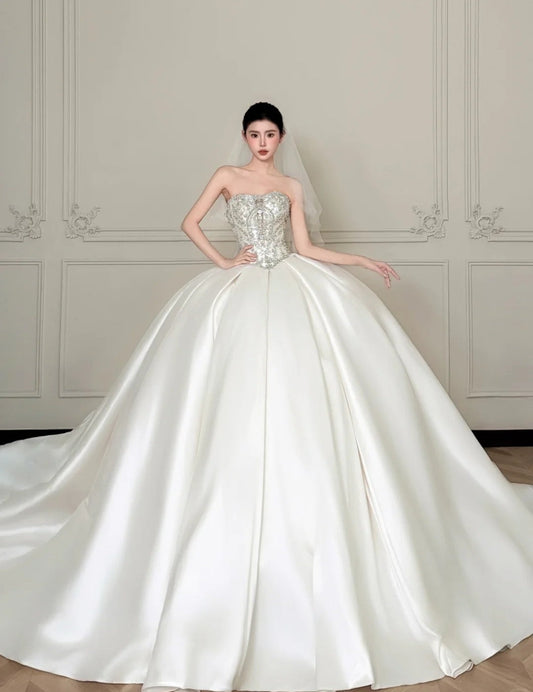 Gorgeous A-Line White Long Wedding Dress Satin Bridal Dress Sleeveless Bridal Gown DP04869
