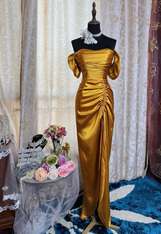 Elegant Yellow Long Prom Dress Satin Sheath Sleeveless Evening Dress with Slit DP04871