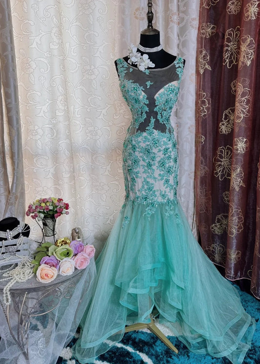 Elegant Tiffany Blue Long Prom Dresses Tulle Appliques U-neck Mermaid Evening Dress Sleeveless Birthday Dress DP04905