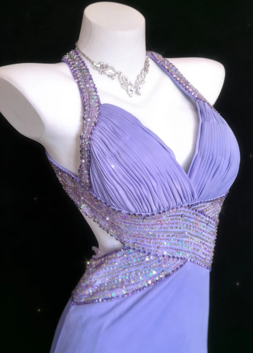 Elegant Lilac Long Prom Dresses Chiffon Beaded V-neck Mermaid Evening Dress Backless Party Dress DP04919