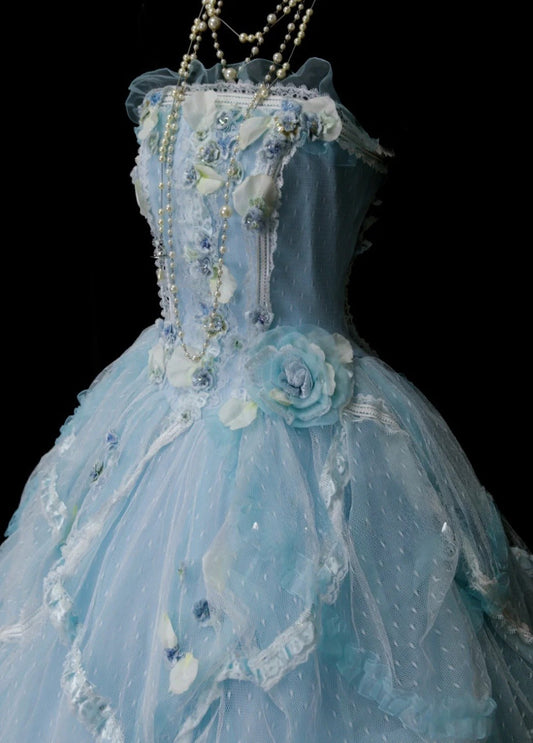 Elegant Strapless Pale Blue Long Prom Dresses Applique Tulle A-line Evening Dress Sleeveless Birthday Dress DP04925