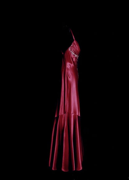 Elegant V-neck Red Long Prom Dresses Beaded Satin Sheath Evening Dress  Backless Sleeveless Birthday Dress DP04936