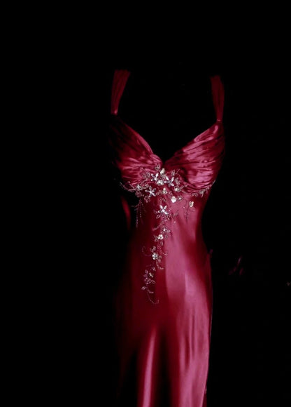 Elegant V-neck Red Long Prom Dresses Beaded Satin Sheath Evening Dress  Backless Sleeveless Birthday Dress DP04936