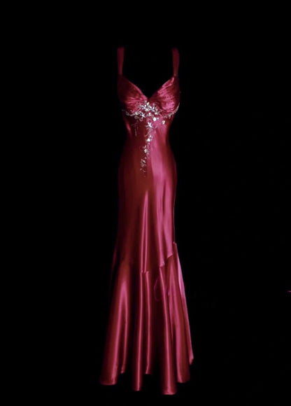 Elegant V-neck Red Long Prom Dresses Beaded Satin Sheath Evening Dress  Backless Sleeveless Birthday Dress DP04936