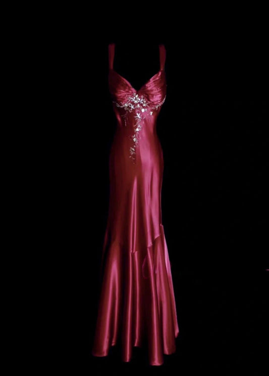 Elegant V-neck Red Long Prom Dresses Beaded Satin Sheath Evening Dress  Backless Sleeveless Birthday Dress DP04936