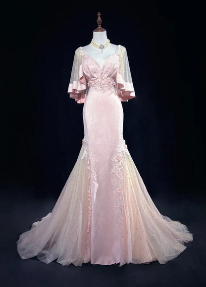 Elegant Sweetheart Pink Long Prom Dresses Tulle Mermaid Evening Dress Sleeveless Party Dress DP04938