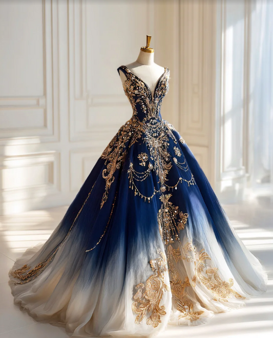 Gorgeous Blue Long Prom Dresses Beaded Tulle A-Line Evening Dress V-Neck Sleeveless Birthday Dress DP04950