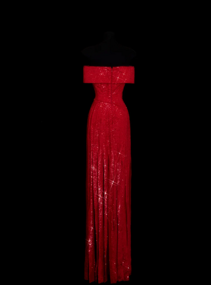 Chic Burgundy Long Prom Dresses Sequins Off-shoulder Sheath Evening Dress  DP04966