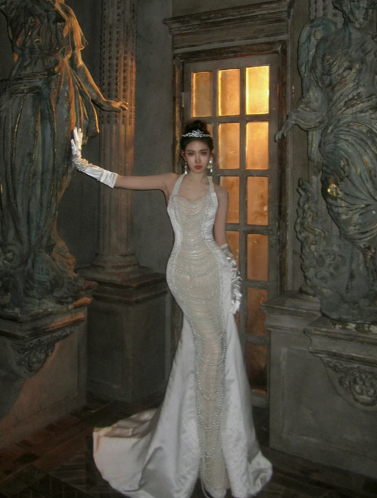 Chic White Long Prom Dresses Beaded Satin V-neck Mermaid Evening Dress DP04967
