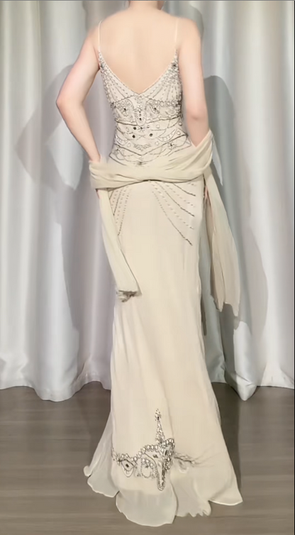 Chic Apricot Long Prom Dresses Beaded Chiffon Sheath Evening Dress  Spaghetti Straps Party Outfit DP04968