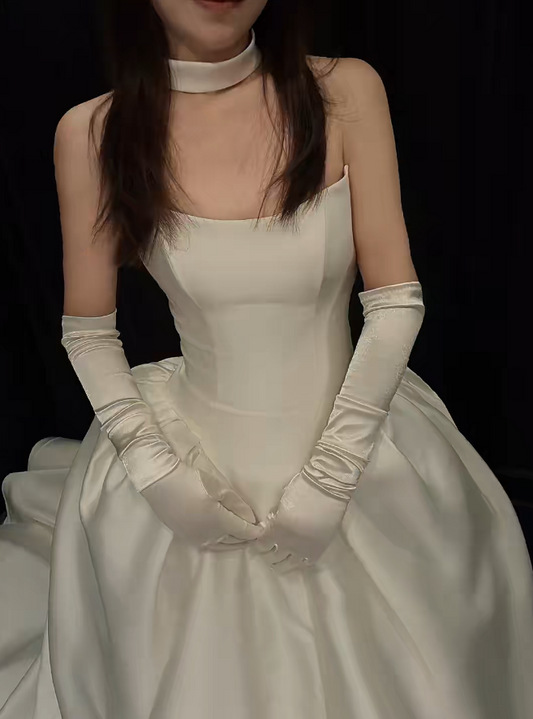 Elegant White Long Wedding Dress Satin Strapless A-Line Bridal Gowns Sleeveless Bridal Dress DP04972