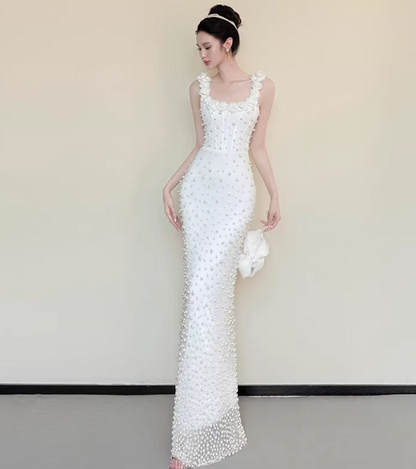 Chic White Birthday Dress Tulle Beadd Sheath Long Prom Dress Square neck Sleeveless Evening Dress DP04992