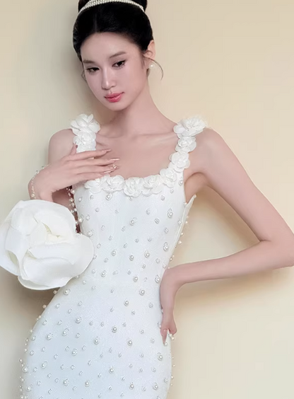 Chic White Birthday Dress Tulle Beadd Sheath Long Prom Dress Square neck Sleeveless Evening Dress DP04992