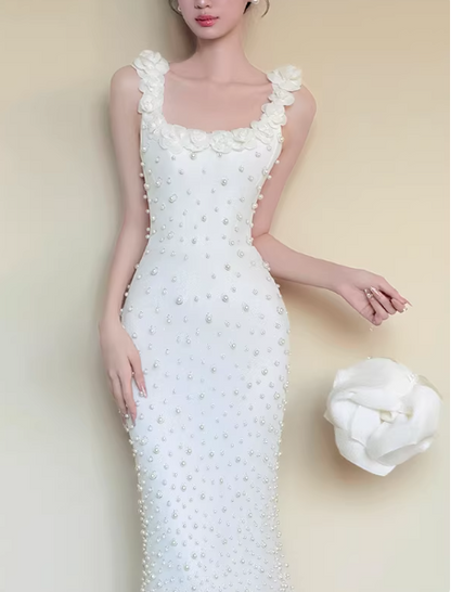 Chic White Birthday Dress Tulle Beadd Sheath Long Prom Dress Square neck Sleeveless Evening Dress DP04992