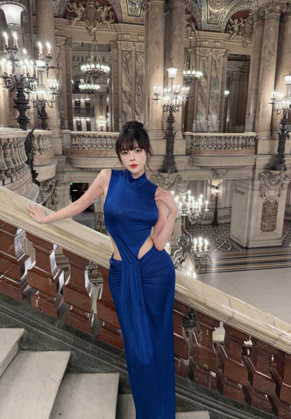 Elegant Blue Prom Dress Satin Sheath Long Evening Dress DP05031