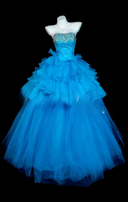 Chic Blue Prom Dress Strapless A-Line Evening Dress Tulle Sleeveless Birthday Dress DP05064