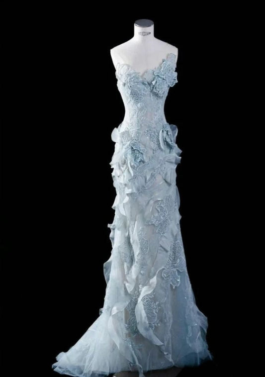 Glam Sheath Blue Prom Dress Strapless Tulle Evening Dress DP05071