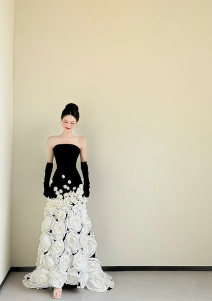 Chic Sheath Black Prom Dress Strapless Tulle Evening Dress DP05073