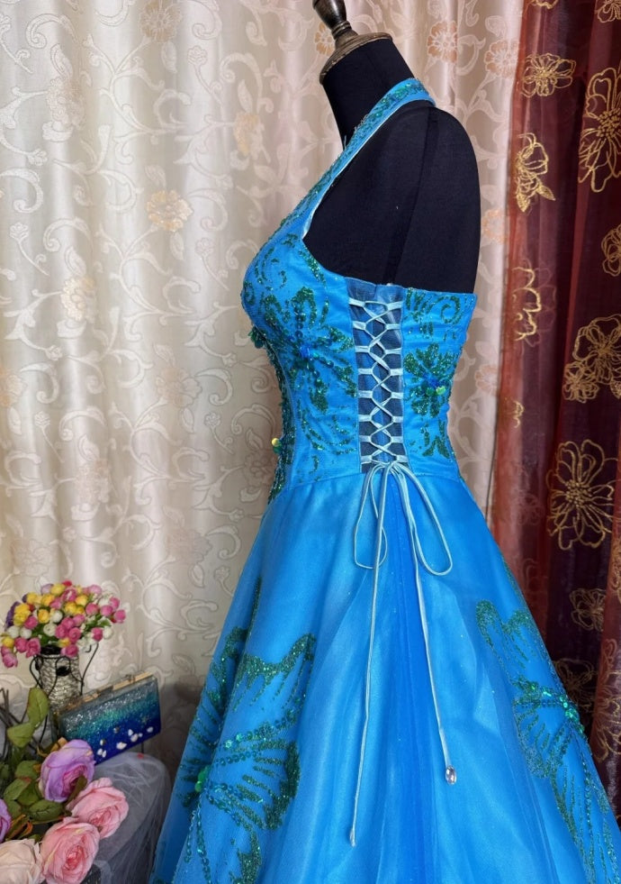 Chic A-Line Blue Prom Dress Tulle Sequins Sleeveless Evening Dress DP05075