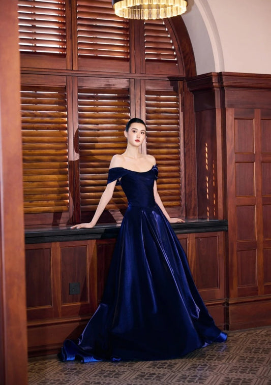 Fairy A-Line Navy Blue Prom Dress Satin Sleeveless Evening Dress  DP05086