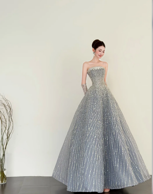 Chic Gray Prom Dress Tulle Strapless Evening Dress A-line Birthday Dress DP05181