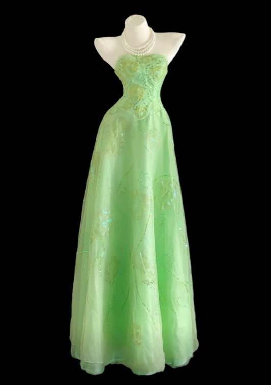 Fairy Green Prom Dress Tulle Beaded A-Line Strapless Birthday Dress DP05260
