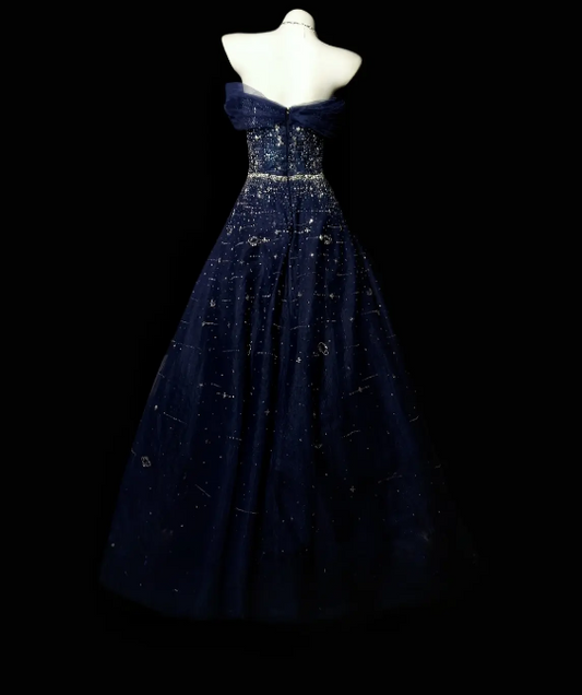 Chic Navy Blue Prom Dress Tulle  Off-shoulder A-Line Long Evening Dress DP05267