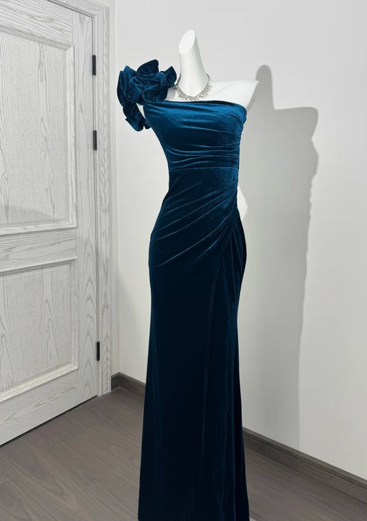Elegant Teal Prom Dress One-shoulder Sheath Velvet Long Evening Dress DP05280