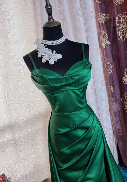 Elegant Green Prom Dress Spaghetti Straps Satin Sheath Long Evening Dress DP05283