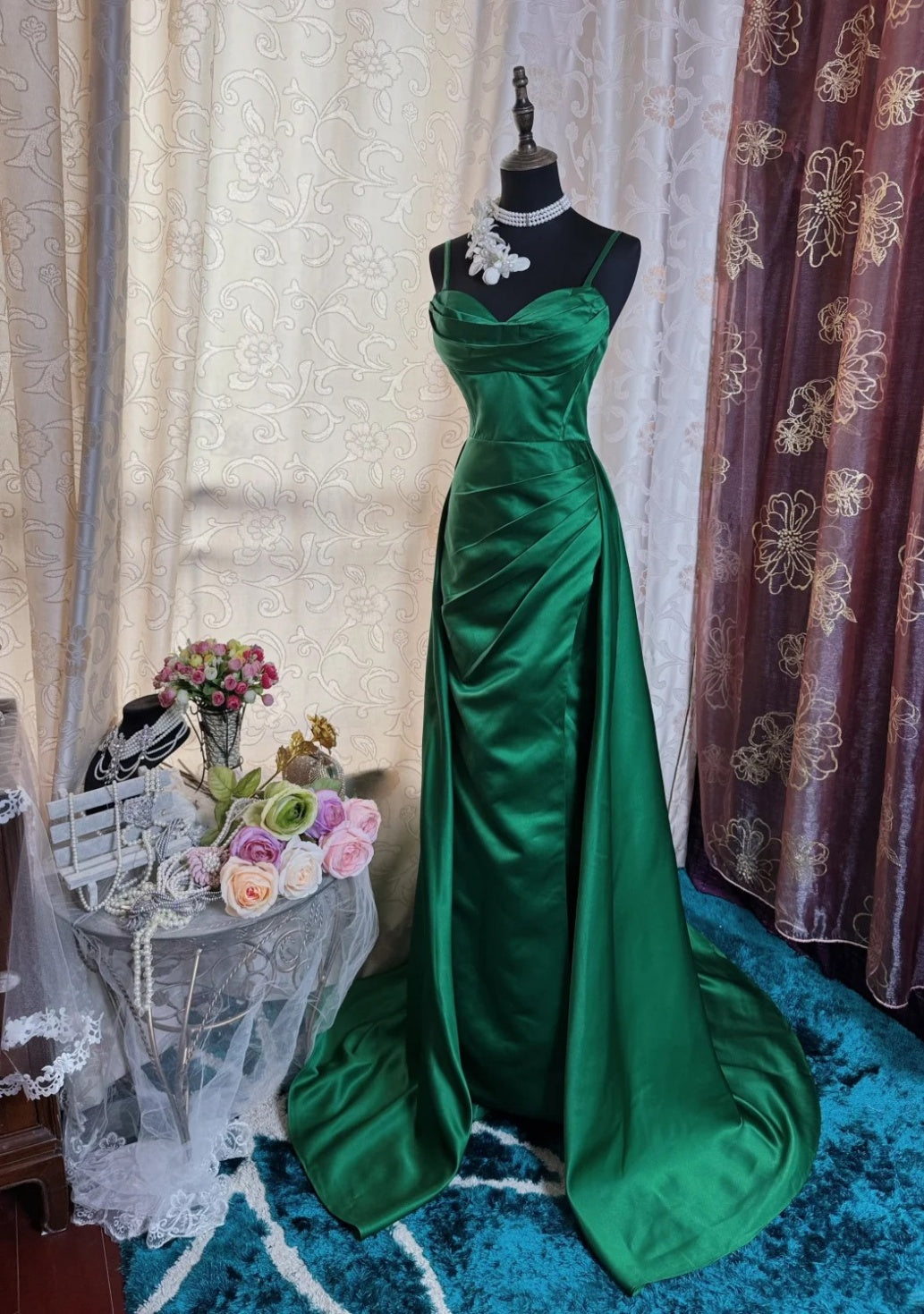 Elegant Green Prom Dress Spaghetti Straps Satin Sheath Long Evening Dress DP05283
