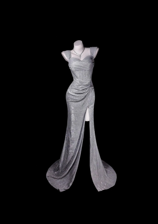 Glitter Satin Evening Dress Straps Sheath Formal Dress Sleeveless Gray Prom dress with Slit DP05309