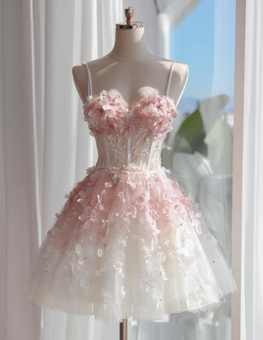 Fashion White Short Birthday Dress Spaghetti Straps Prom Dress A-Line Tulle Party Dress DP05313