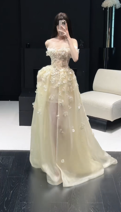 Fairy Light Yellow Prom Dress Applique Birthday Dress Off-shoulder A-Line Tulle Long Evening Dress DP05320
