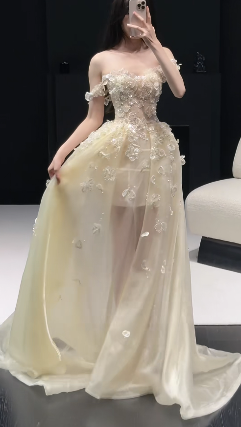 Fairy Light Yellow Prom Dress Applique Birthday Dress Off-shoulder A-Line Tulle Long Evening Dress DP05320