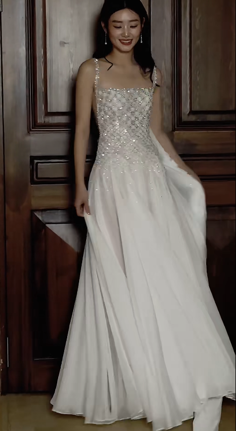 Glamorous Sheath Long Wedding Dress Straps Chiffon Beaded Bridal Dress White Sleeveless Bridal Gown DP05325