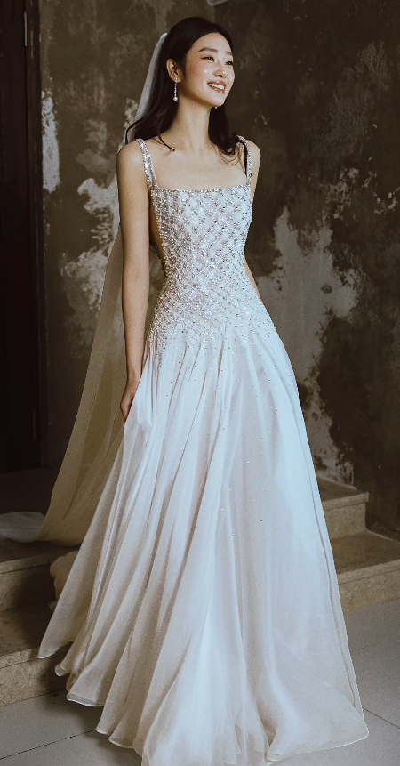 Glamorous Sheath Long Wedding Dress Straps Chiffon Beaded Bridal Dress White Sleeveless Bridal Gown DP05325